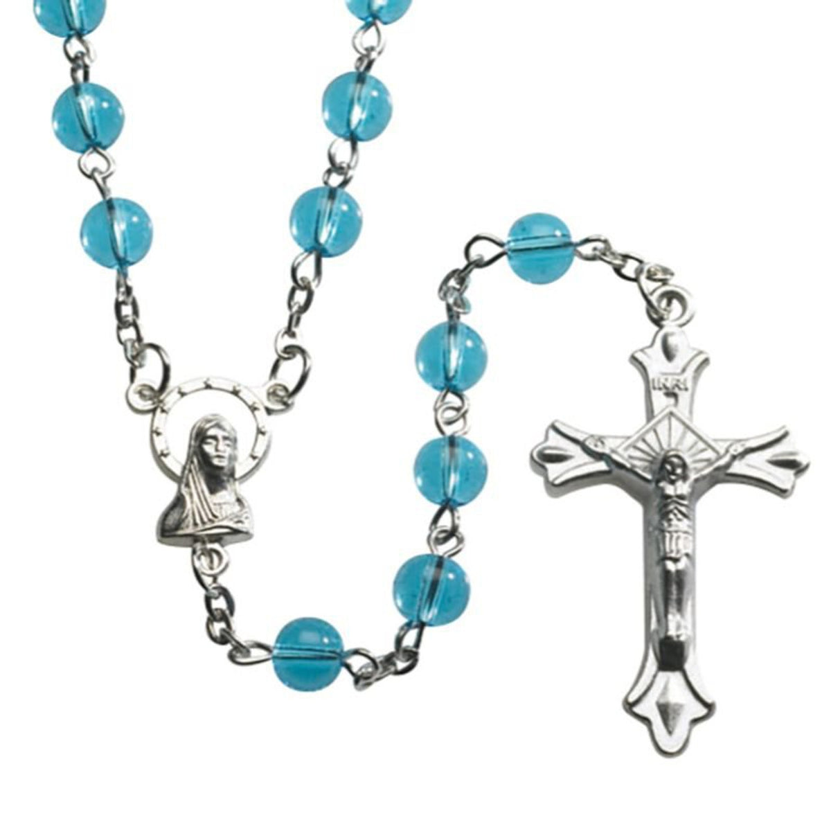 Aqua Round Pressed Glass Rosary