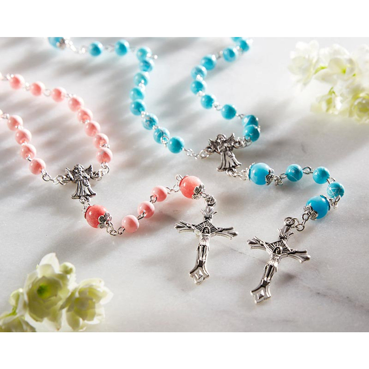 Pink Marble Glass Guardian Angel Rosary