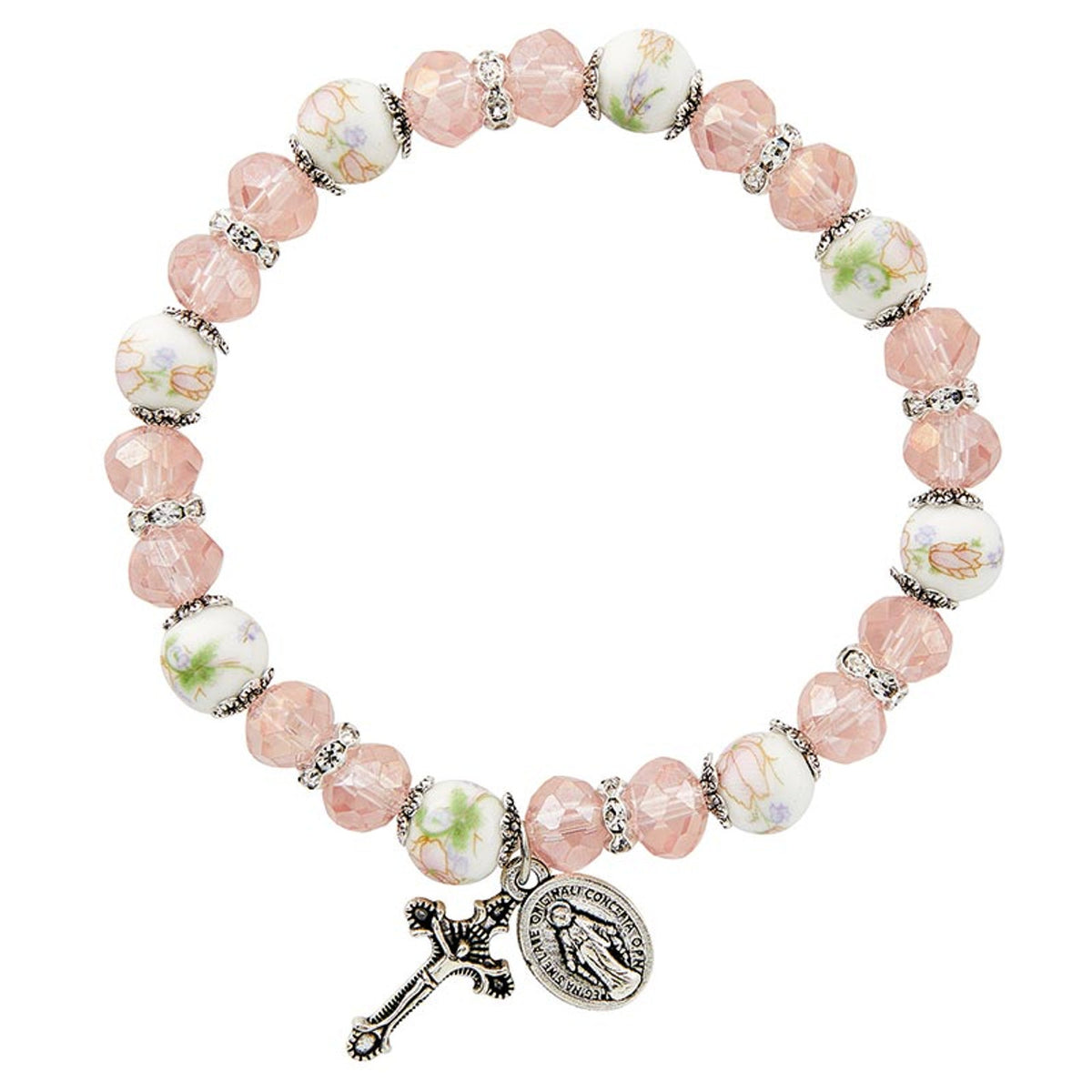 Pink Faceted Crystal Miraculous Medal Bracelet