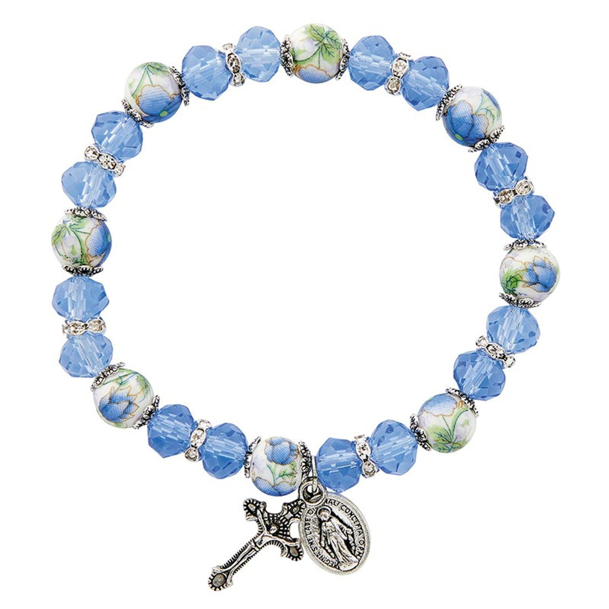 Blue Faceted Crystal Miraculous Medal Bracelet